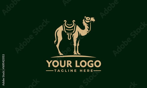 Vintage logo design featuring a camel with saddle, on a dark green background.