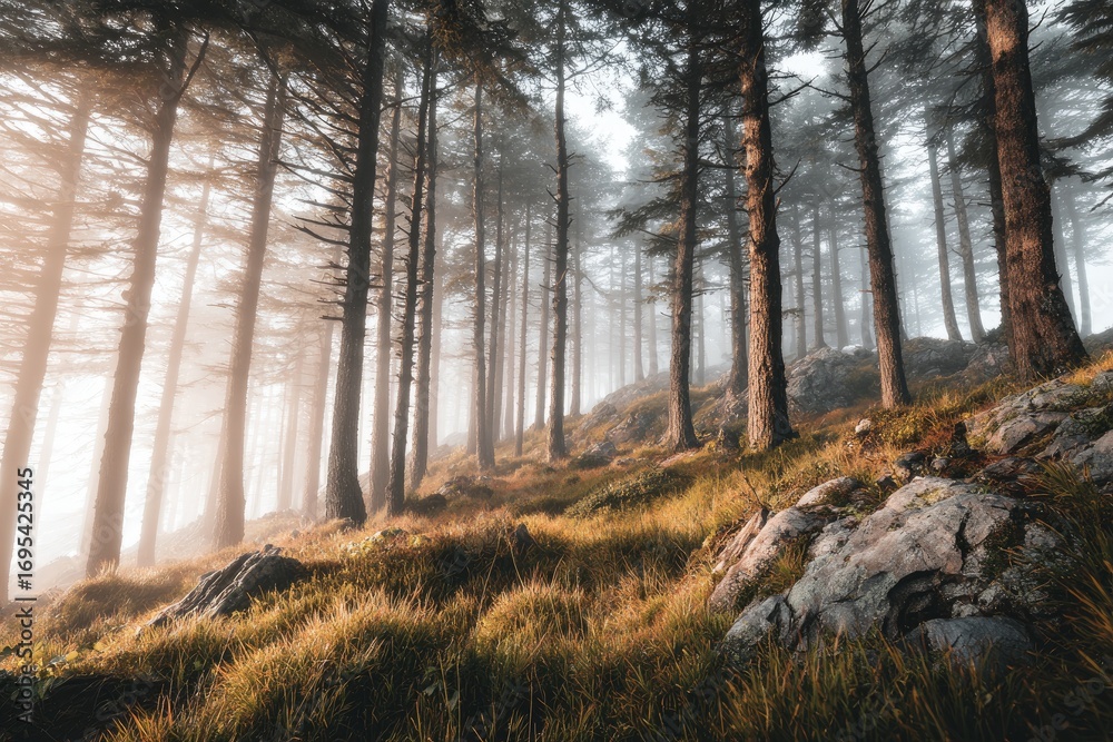 Obraz premium Misty mountain forest at dawn. Sunlight filters through tall pines