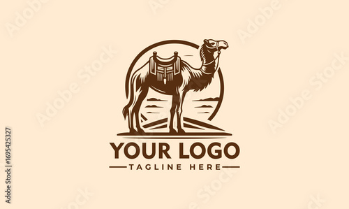 Vintage logo design featuring a camel with a saddle, desert landscape background.