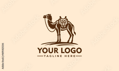A stylized camel logo design, saddled and ready, against a simple desert landscape.