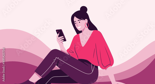 A Young Woman Relaxes While Focused on a Smartphone, Smiling and Happy, Vector Illustration