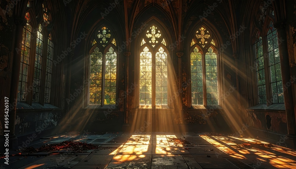 Fototapeta premium Sunlight streams through stained glass windows, illuminating an aged, gothic interior.