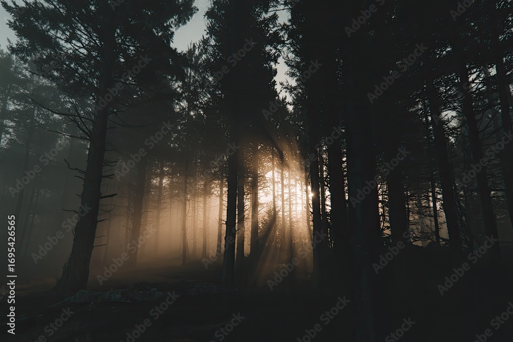 Fototapeta premium Sunbeams pierce a foggy forest