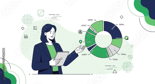 Business Analytics Presentation Featuring Woman With A Tablet Displaying A Pie Graph