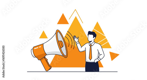 Business Announcement Illustration Depicting A Man Using A Loudspeaker For Communication