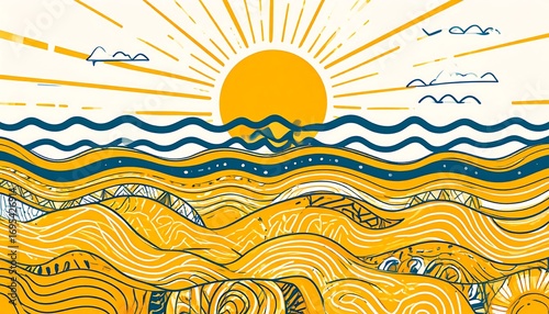 Hand drawn style sunrise landscape illustration with patterned hills