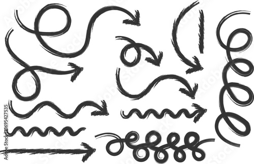 Various arrows bold brush drawn curved Collection doodle marker thick arrows in different directions. Hand drawn vector direction pointers. Curved and wavy brush strokes with scratches.