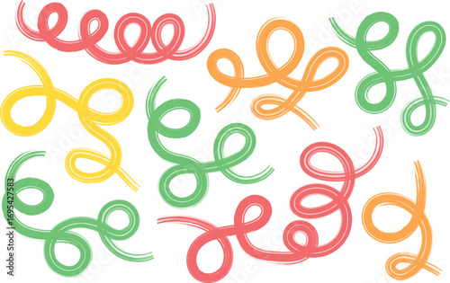 colorful abstract bold curved lines Collection with loops isolated on white. Simple childish vector scribbles and squiggles. Hand drawn bold grunge wavy and swirled brush strokes. Creative trendy sty.