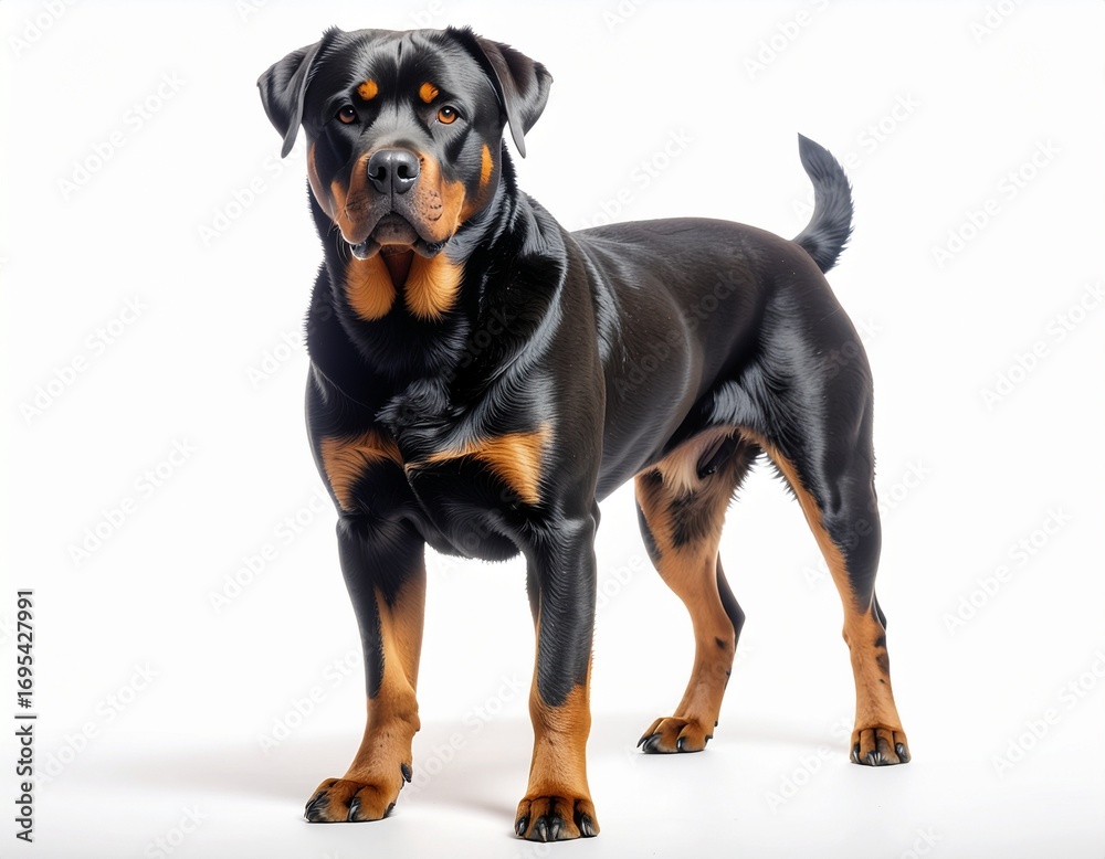 Obraz premium A powerful and alert Rottweiler dog standing proudly against a clean white studio background.