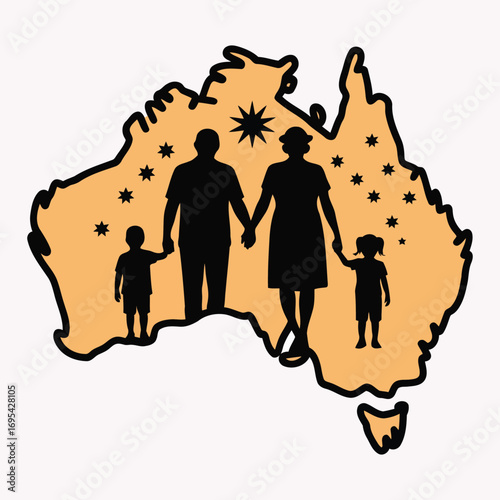 Family silhouette standing on map of australia with stars