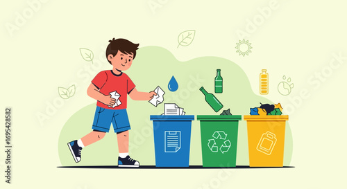 A Young Boy Sorting Waste to Recycle for a Healthy And Eco-Friendly Environment