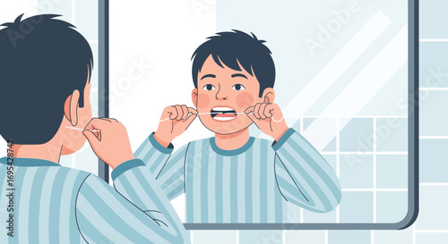 A Young Man Demonstrates Flossing Teeth In Front Of A Mirror For Oral Hygiene
