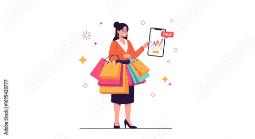 Cheerful Lady Shopping Online Showing Promotion And Sale Symbol on Smartphone Screen
