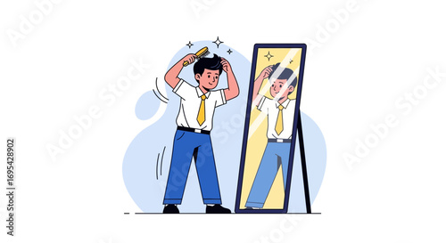 Boy Getting Ready and Grooming Hair While Looking in the Mirror Vector Illustration