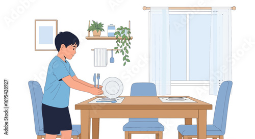 Boy Preparing Table Setting For a Meal In A Simple Room, Cartoon Illustration Style