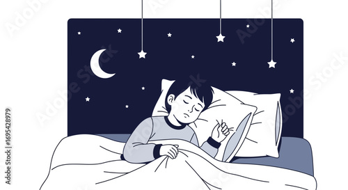 Boy Sleeping Under Moonlight: An Illustration of Rest and Peaceful Repose at Bedtime Without Worries