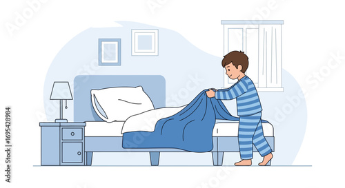 Boy Making Bed In Bedroom Preparing For The Day Simple And Clean Minimalist Style