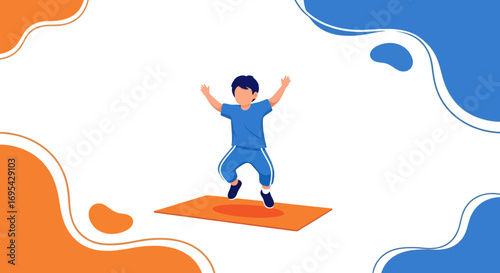 Child Doing Jump With Arms Raised On Abstract Background In Vector Illustration