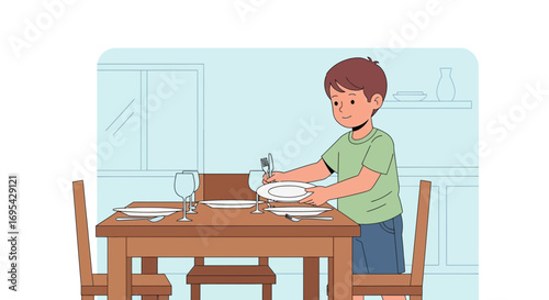 Child Setting Table Preparing Dinner In Kitchen, Illustrative Scene Of Domestic Activity
