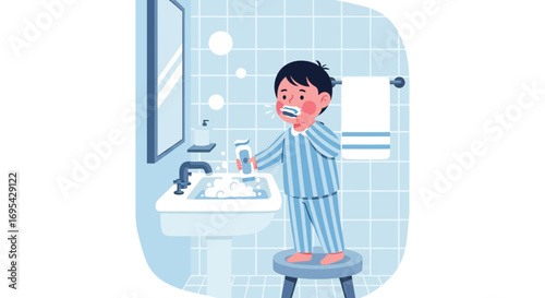 Child Brushing Teeth In Bathroom, Morning Hygiene, Healthy Daily Routine Illustration
