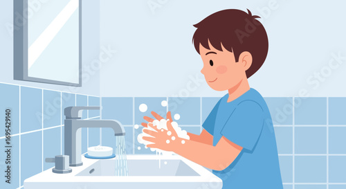 Child Washing Hands At Bathroom Sink, Concept of Hygiene and Public Health