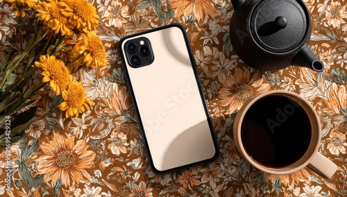 Cream-colored phone case on a floral tablecloth with coffee and tea.