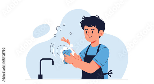 Handwashing Illustration: A Young Person Cleans Hands with Soap and Water for Hygiene