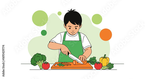 Happy Child Is Slicing Carrot While Preparing Vegetables, Fresh Healthy Food