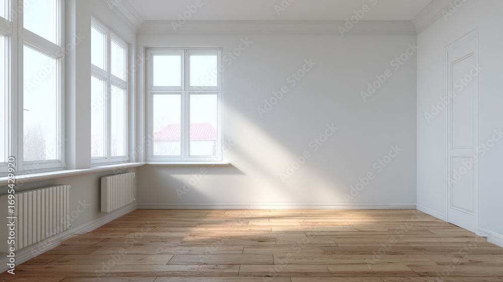 Obraz premium Window hardwood floor white wall empty room radiator sunlight interior create serene minimalist living space with natural ambient daylight