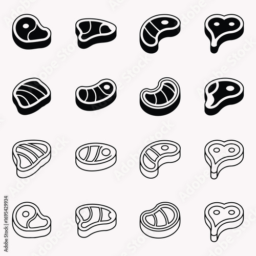 Collection of stylized meat cuts and steaks in a simple line art style