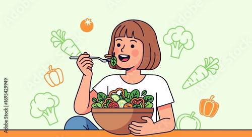 Healthy Eating Habits Depicted: Young Woman Enjoying A Fresh Salad in an Artistic Illustration