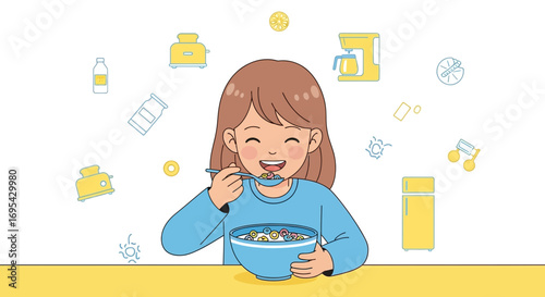 Joyful Breakfast Routine Illustration Depicting Girl Enjoying Cereal and Happy Start