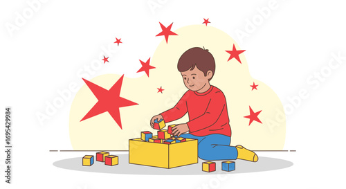 Joyful Child Playing With Cubes, Surrounded by Starry Elements, Creative Toys, Development