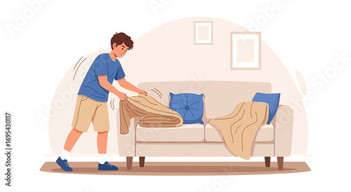 Man Arranging Blanket on a Clean Couch in a Cozy, Well-Lit Living Room Setting