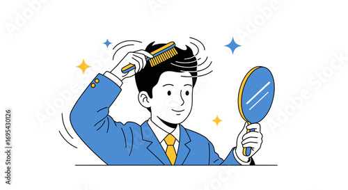 Man Brushing Hair And Checking Appearance in Hand Mirror Preparation Routine