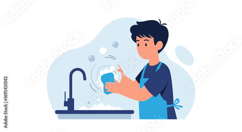 Man Washing Dishes With Sponge, Illustration, Housework And Daily Life Concept