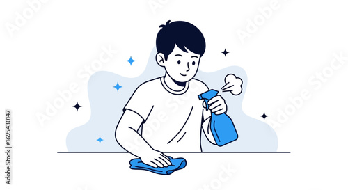 Man Cleans Surface With Spray Bottle and Cloth in Simple Illustration for Modern Projects