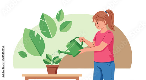 Nurturing Greenery: A Woman Watering Potted Plant amidst Floating Green Leaves