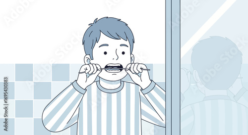 Person Flossing Teeth In Front Of Mirror Promoting Oral Hygiene Practices