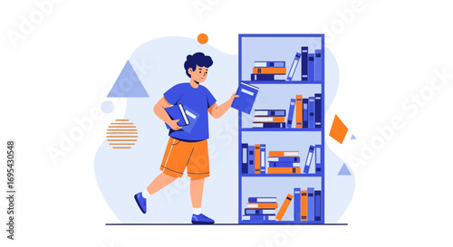 Student Selecting A Book From A Library Shelf For Reading And Literature Studies
