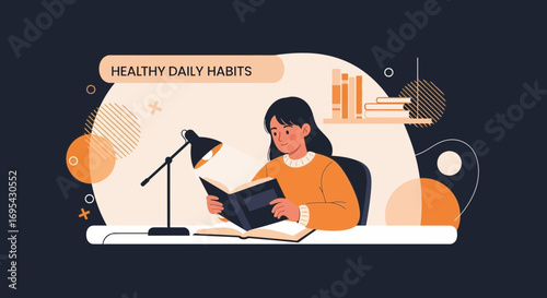 Woman Absorbed In Reading Book Under Lamp Showcasing Healthy Daily Habits Lifestyle