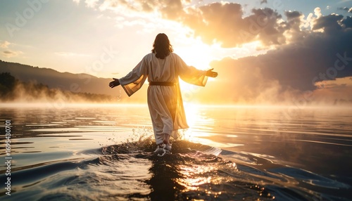 Jesus walking on water at sunrise