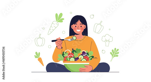Woman Enjoying Healthy Meal with Plateful of Fresh Vegetables and a Cheerful Smile