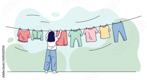 Woman Hanging Clothes On A Clothesline: Drying Laundry On A Sunny Day