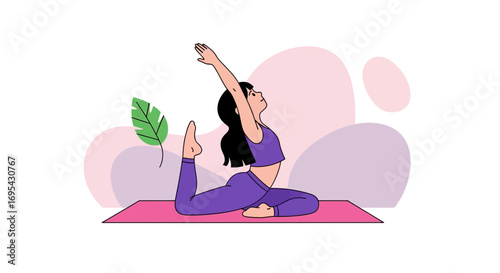 Woman in Yoga Pose Practicing Exercise on a Mat with a Flat Illustration