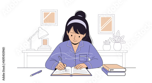 Woman Writes In A Journal While At Home Interior Vector Illustration