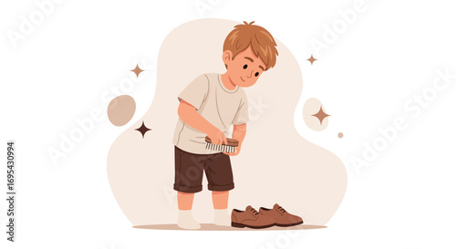 Young Boy Brushing Shoes Demonstrates Value Of Responsibility And Cleanliness