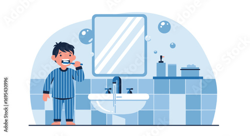Young Boy Brushing Teeth In Bathroom Before Bedtime For Good Dental Care Routine
