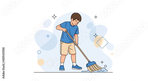 Young Boy Joyfully Sweeping the Floor, Performing Household Chores, Cartoon Illustration