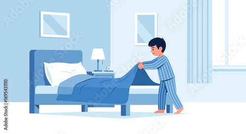 Young Boy Morning Routine, Making Bed, Bedding, Bedroom, Blue Tones Color Scheme